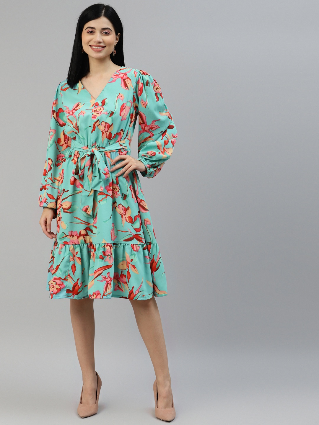 

plusS Sea Green & Peach-Coloured Floral A-Line Dress