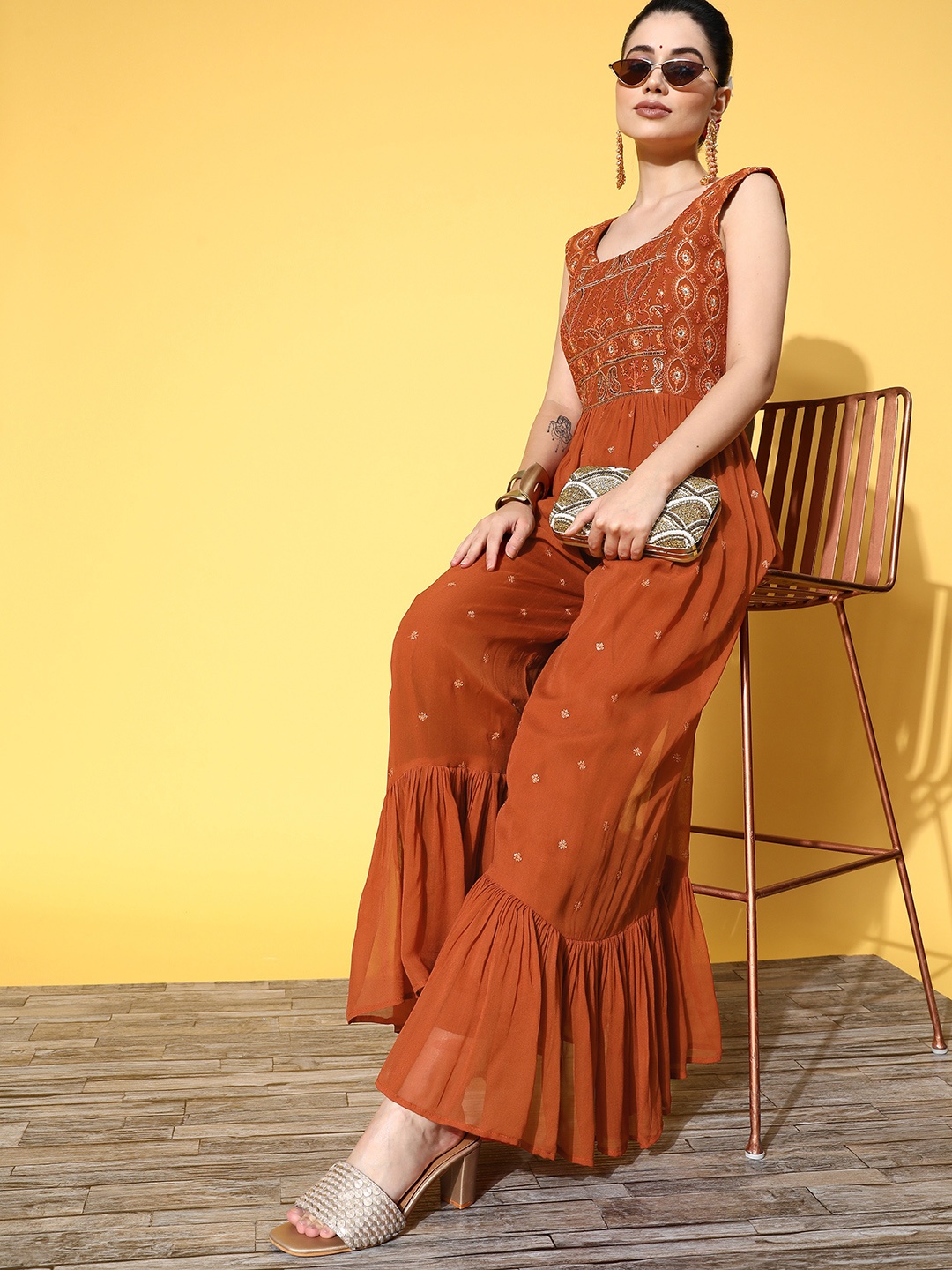 

Kvsfab Women Rust Self-Design New Jumpsuit