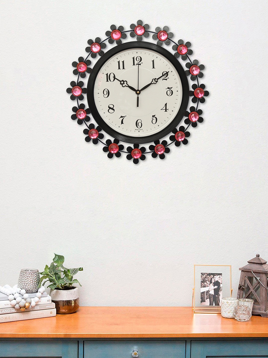 

eCraftIndia Black & Pink Embellished Contemporary Wall Clock