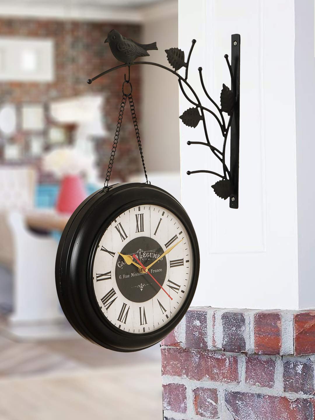 

eCraftIndia Black & White Black Round Bird Station Double Sided Metal Analog Wall Clock
