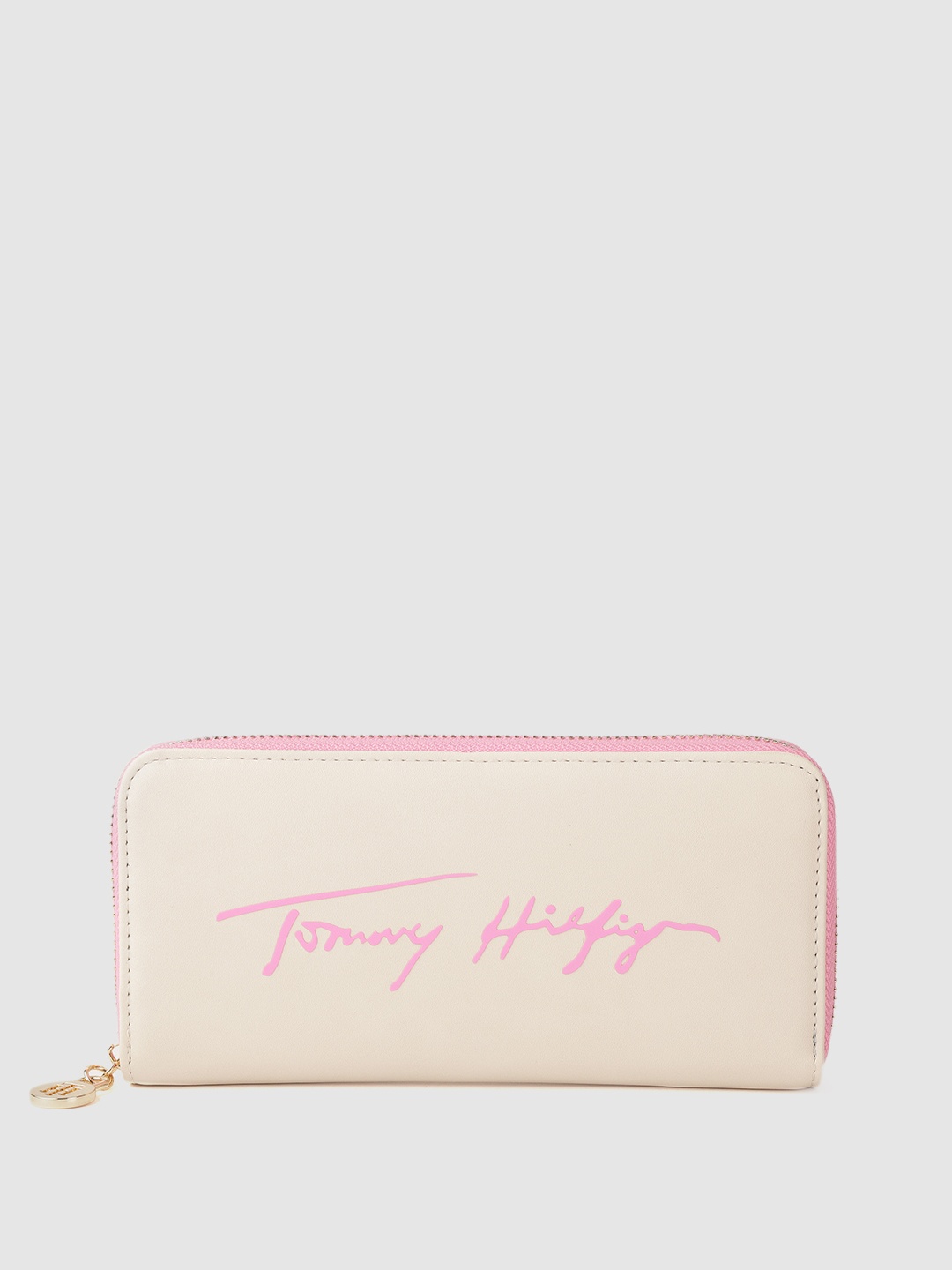 

Tommy Hilfiger Women Cream-Coloured & Pink Typography Printed PU Zip Around Wallet