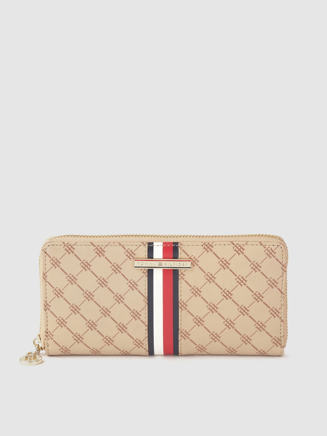 Tommy Hilfiger Women Beige Printed Zip Detail Leather Zip Around Wallet