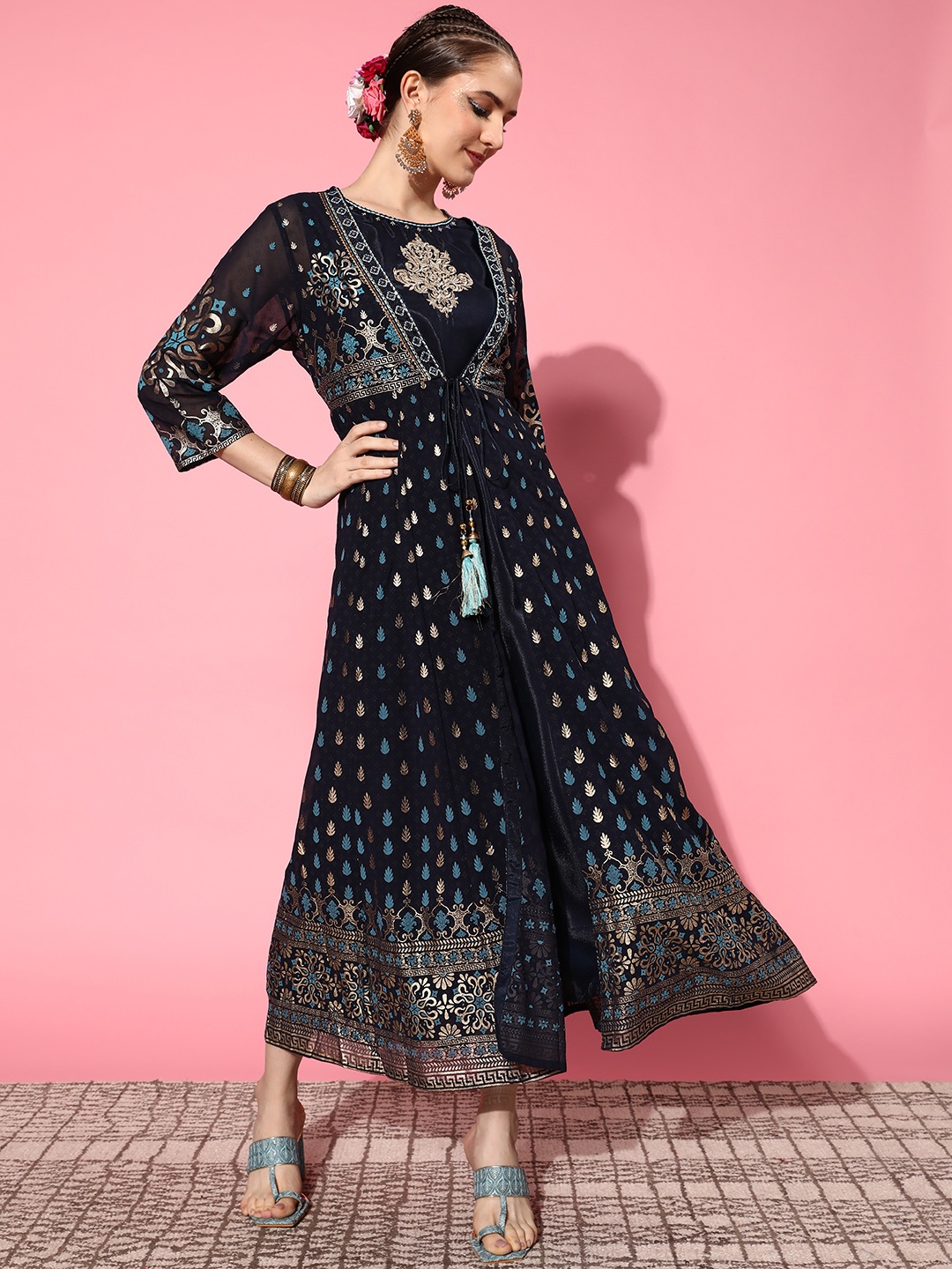 

Juniper Women Navy Blue Georgette Fluid Tie-Up Ethnic Dress