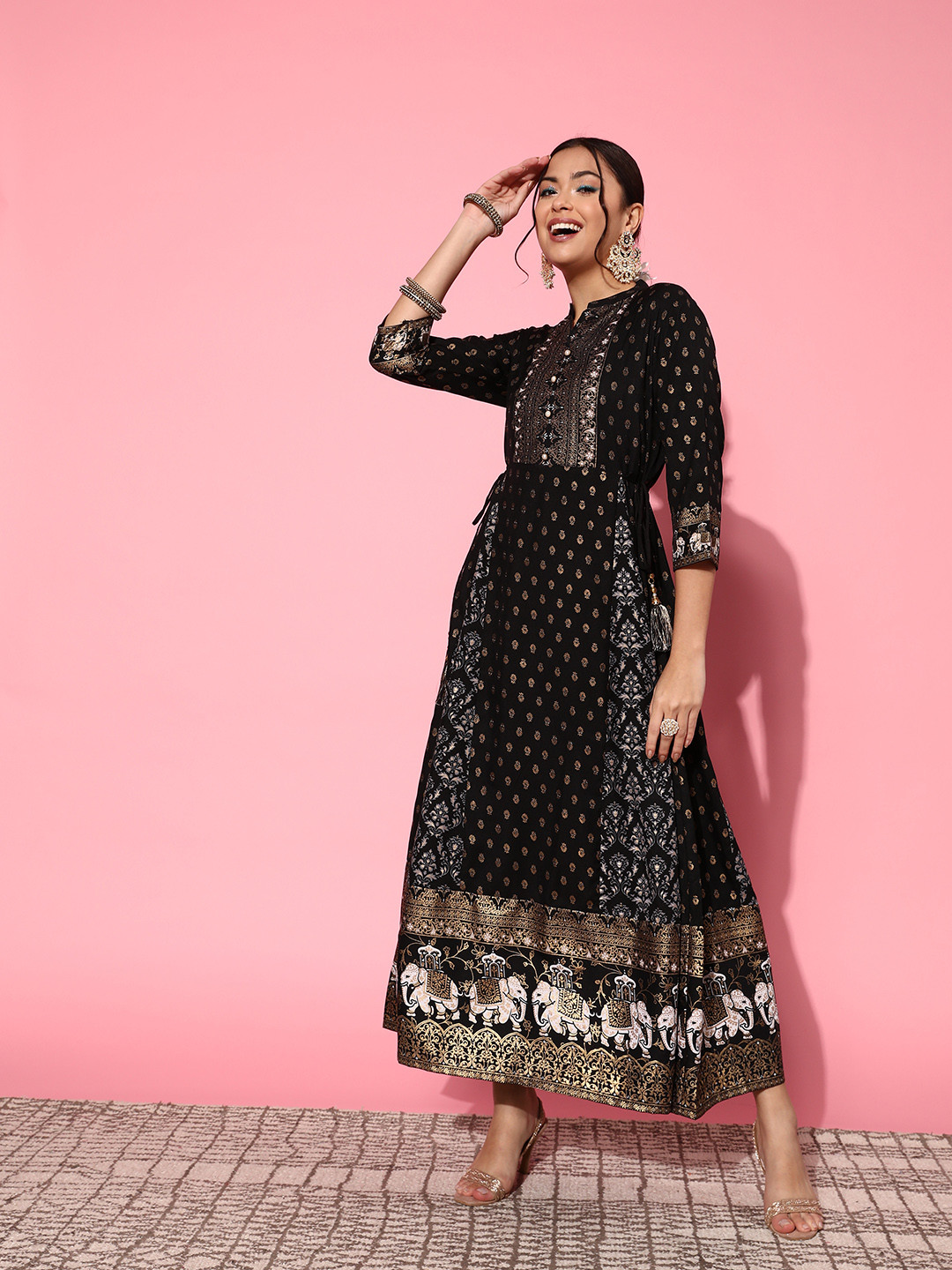 

Juniper Women Classy Black Viscose Rayon Fluid Tie-Up Ethnic Dress