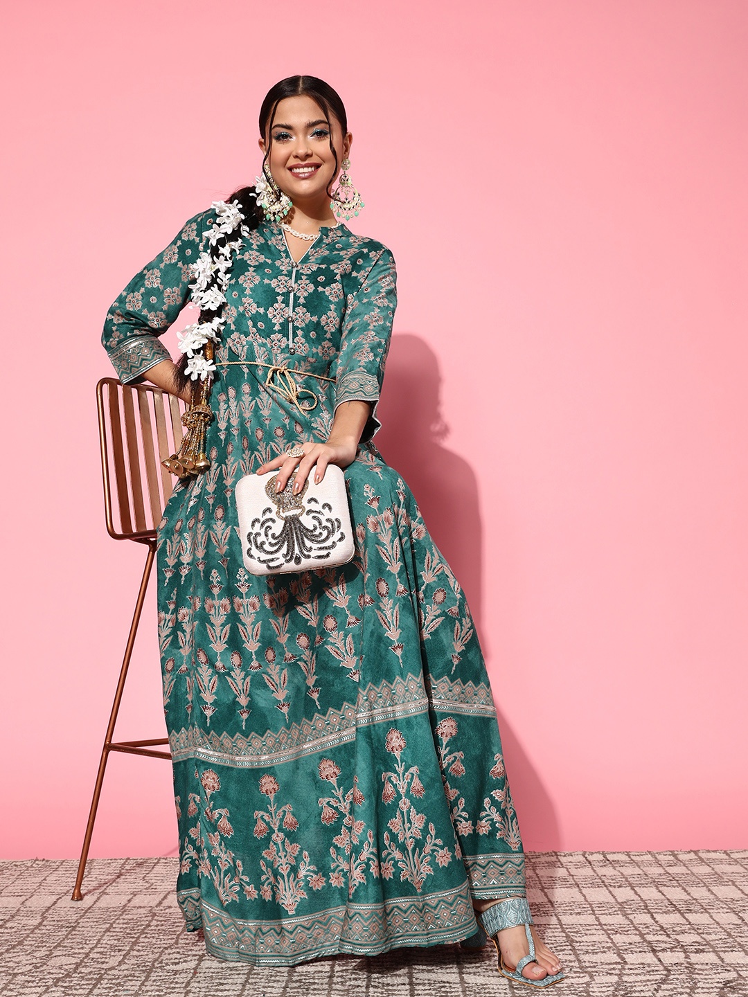 

Juniper Women Teal Fluid Tie-Up Ethnic Dress