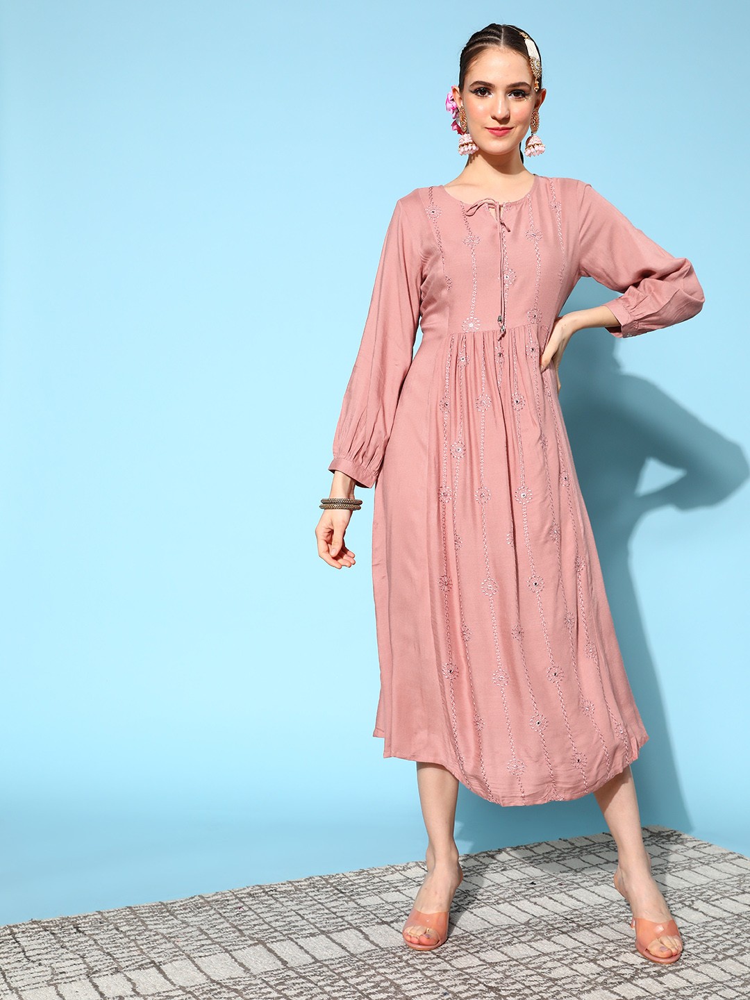 

Juniper Women Pink Viscose Rayon Fluid Tie-Up Ethnic Dress