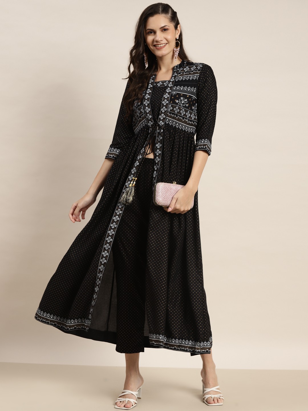 

Juniper Women Black Ethnic Motifs Printed Layered A-Line Kurta with Trousers