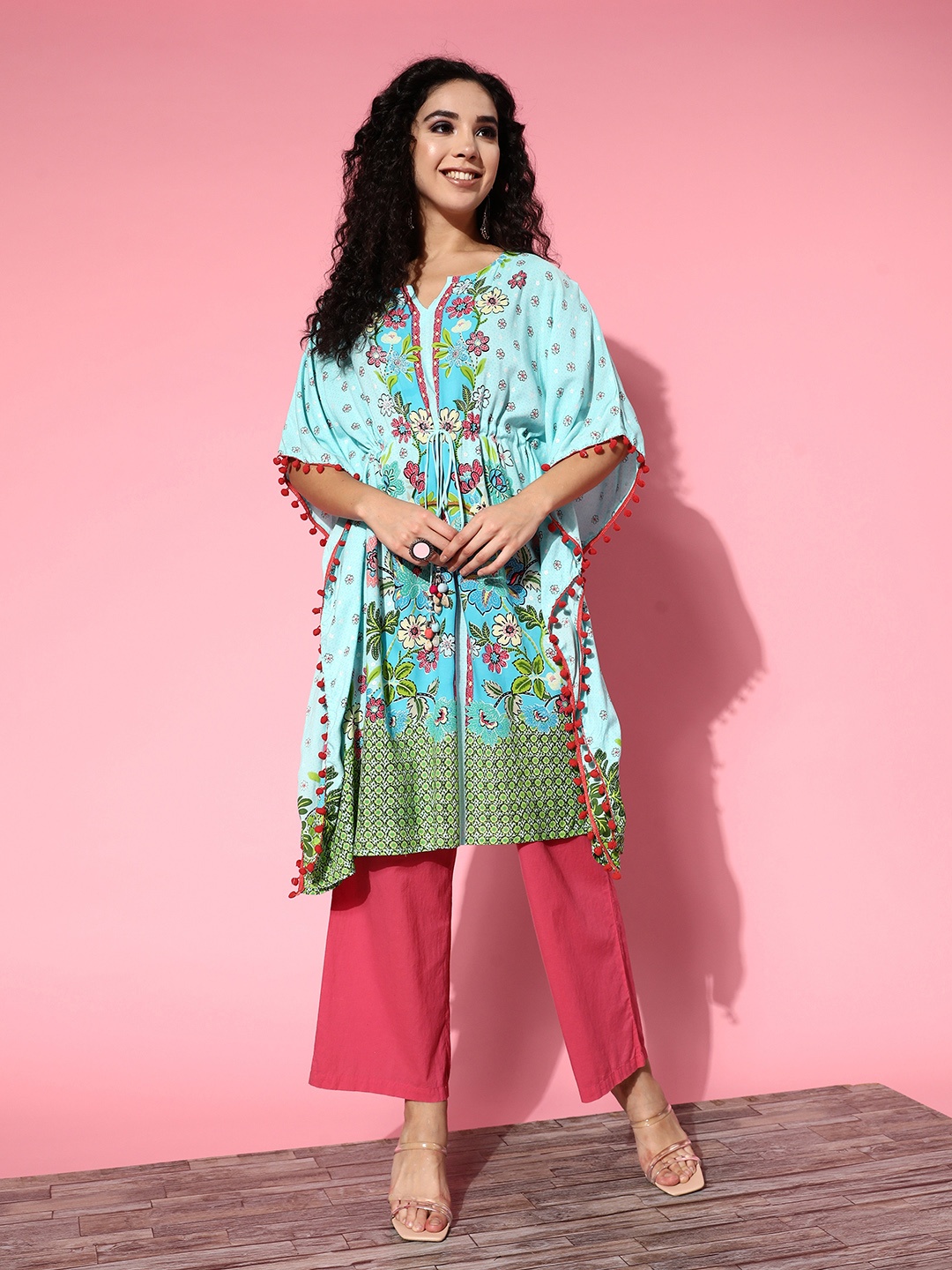 

Juniper Women Turquoise Blue Viscose Rayon Print Parade Kurta