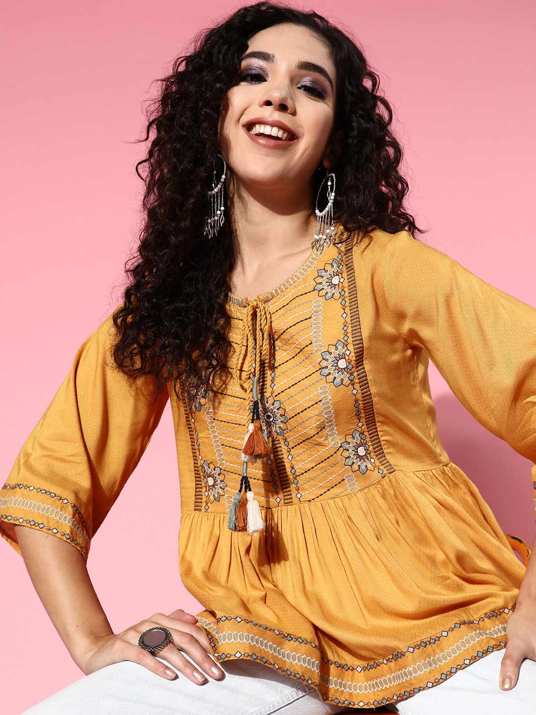 

Juniper Women Mustard Viscose Rayon Fluid Tie-Up Tunic