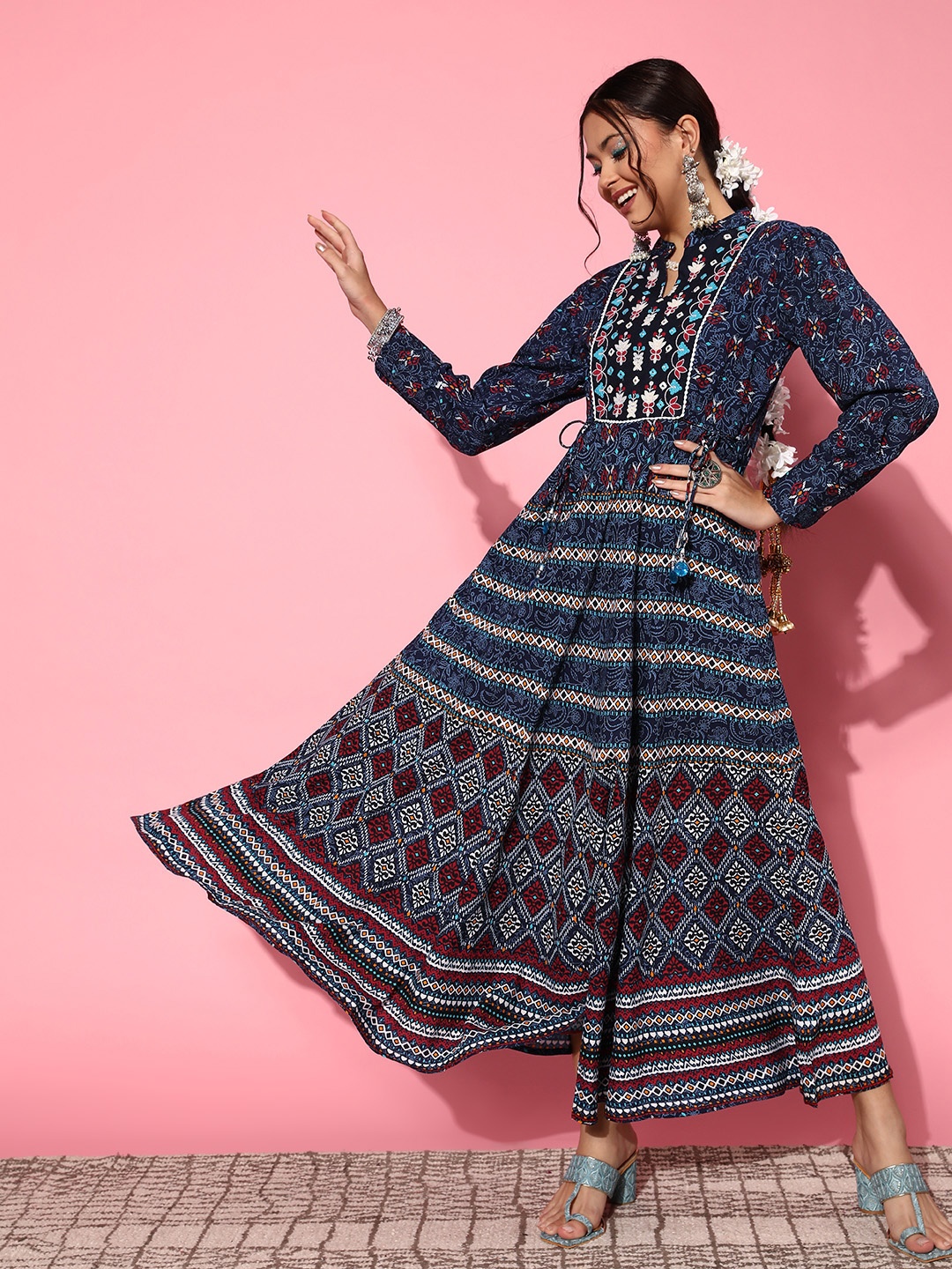 

Juniper Women Navy Blue Viscose Rayon Fluid Tie-Up Ethnic Dress