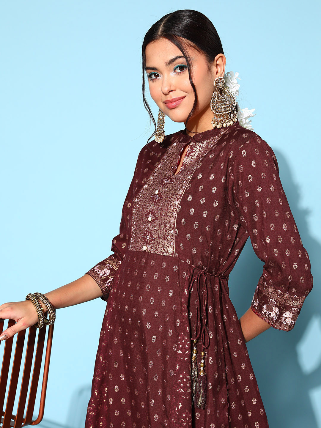 

Juniper Women Maroon Viscose Rayon Adjustable Waistline Ethnic Dress