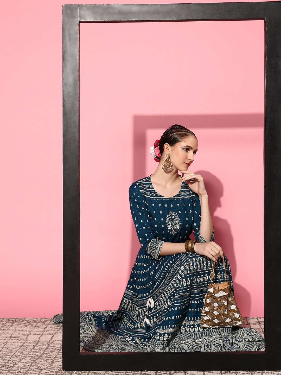 

Juniper Women Teal Viscose Rayon Adjustable Waistline Ethnic Dress