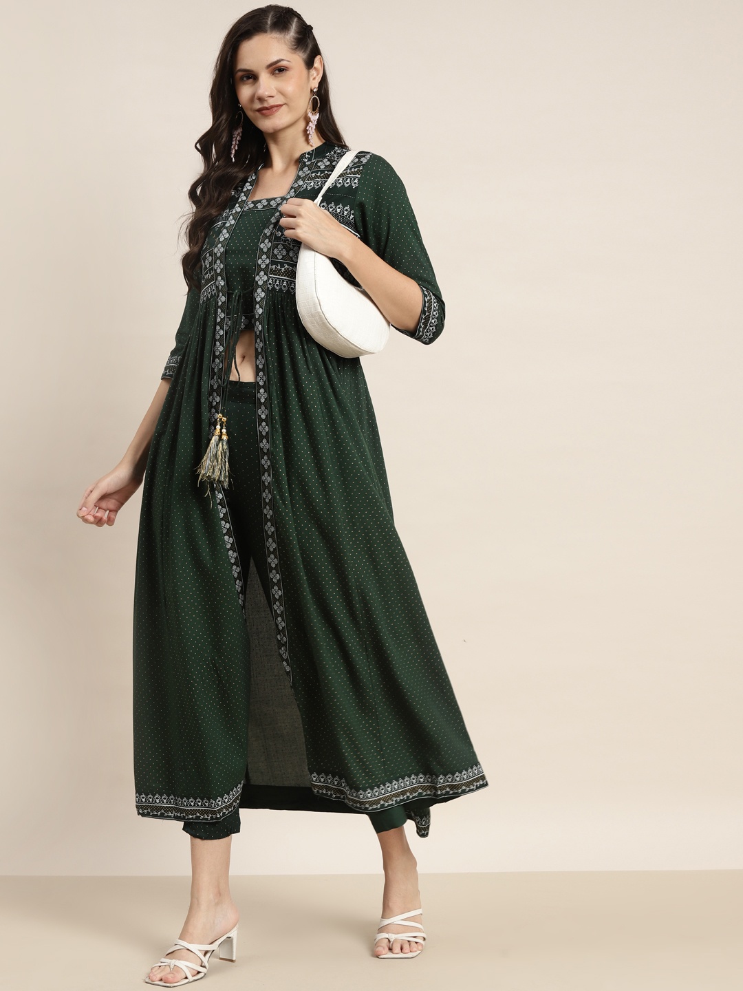 

Juniper Women Green Ethnic Motifs Printed Layered A-Line Kurta with Trousers