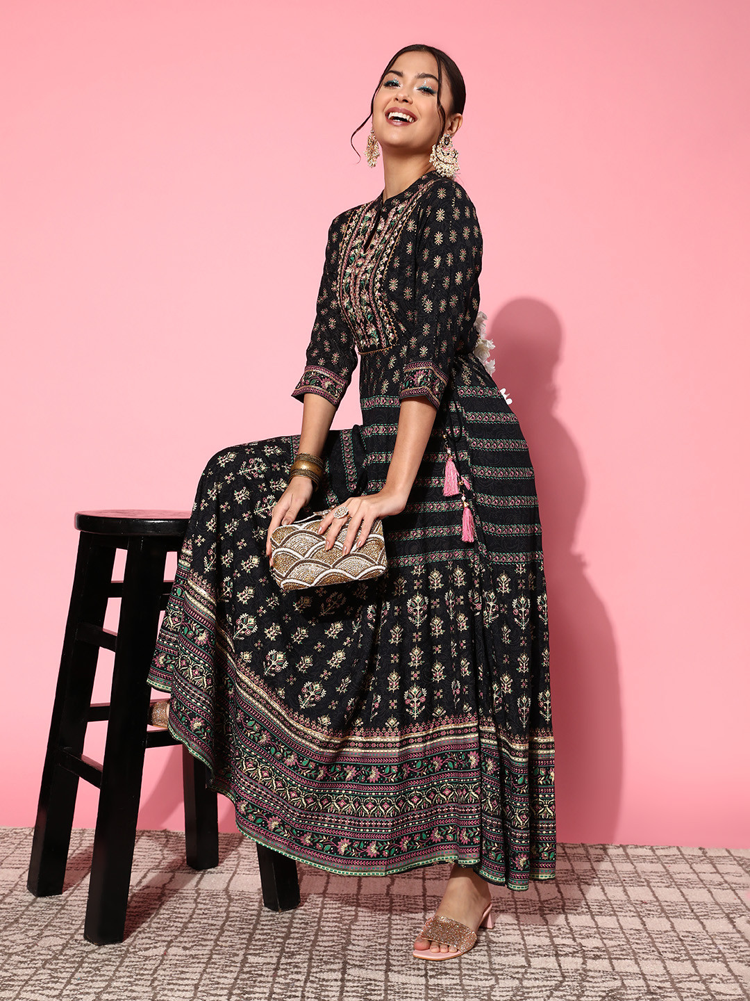 

Juniper Women Navy Blue Viscose Rayon Adjustable Waistline Ethnic Dress