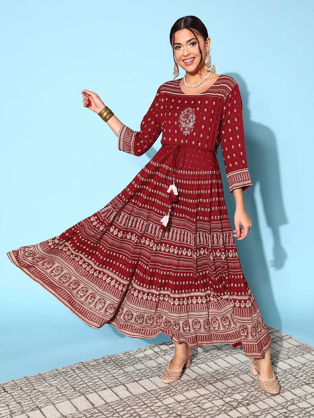 

Juniper Women Maroon Viscose Rayon Adjustable Waistline Ethnic Dress
