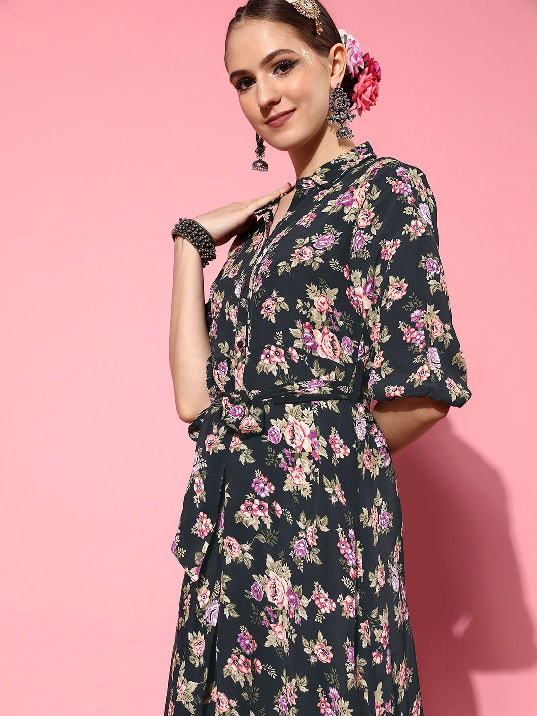 

Juniper Women Black Viscose Rayon Belted Detail Ethnic Dress
