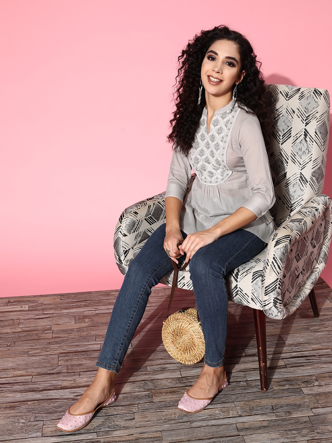 

Juniper Women Grey Cotton Fluid Tie-Up Tunic