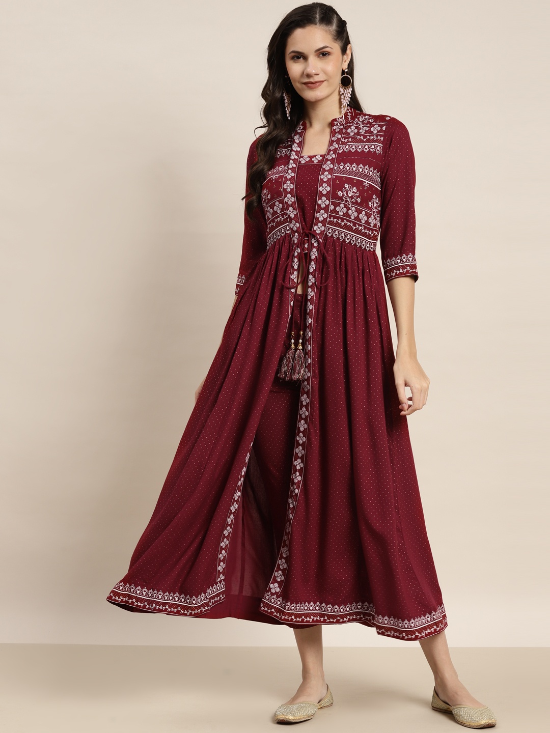 

Juniper Women Maroon Ethnic Motifs Printed Layered A-Line Kurta with Trousers