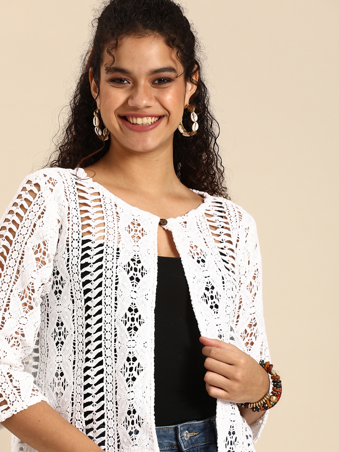 

Sangria Women White Crochet Cotton Button Shrug