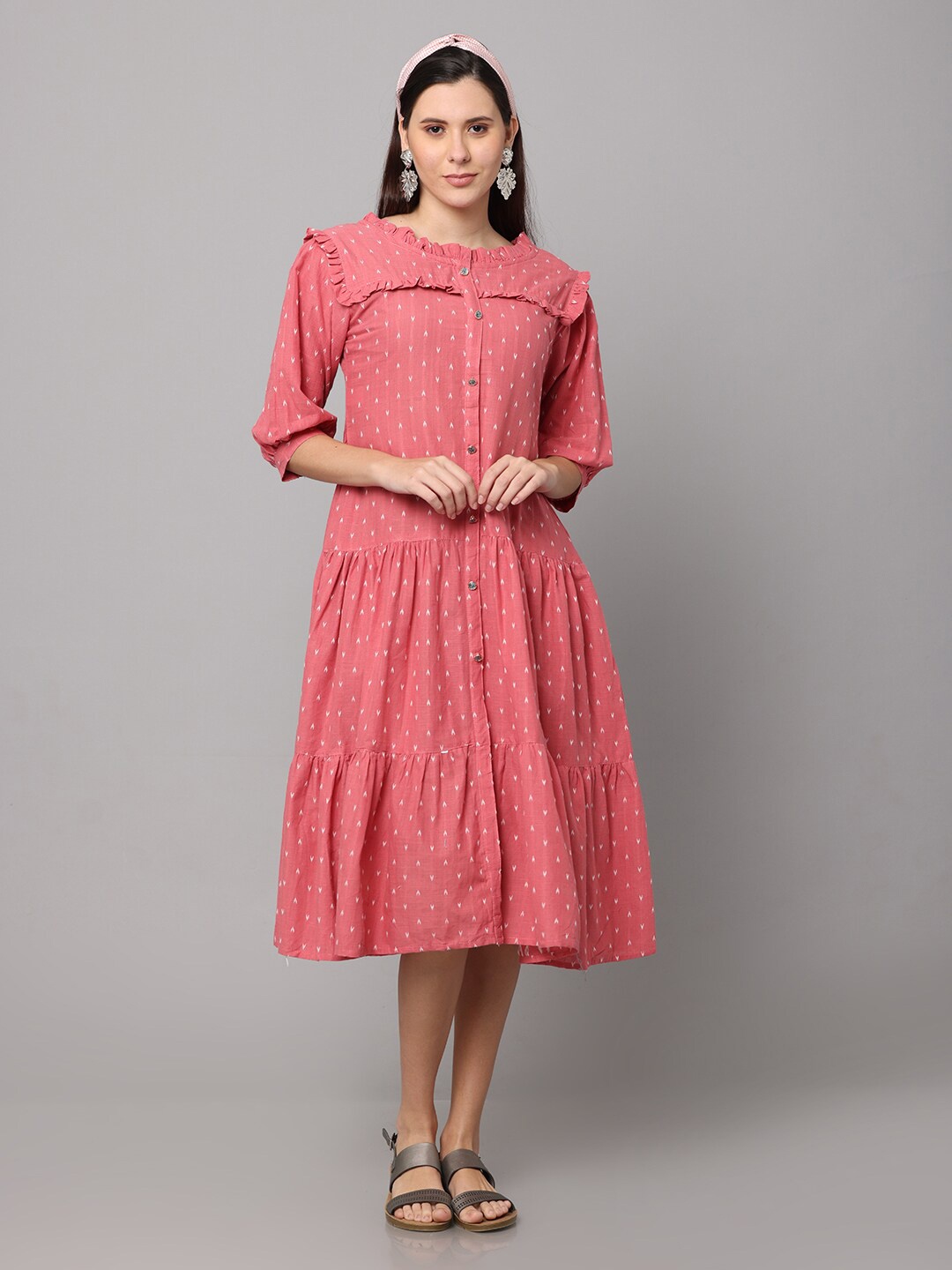 

NAYRA Pink Cotton Printed A-Line Midi Dress