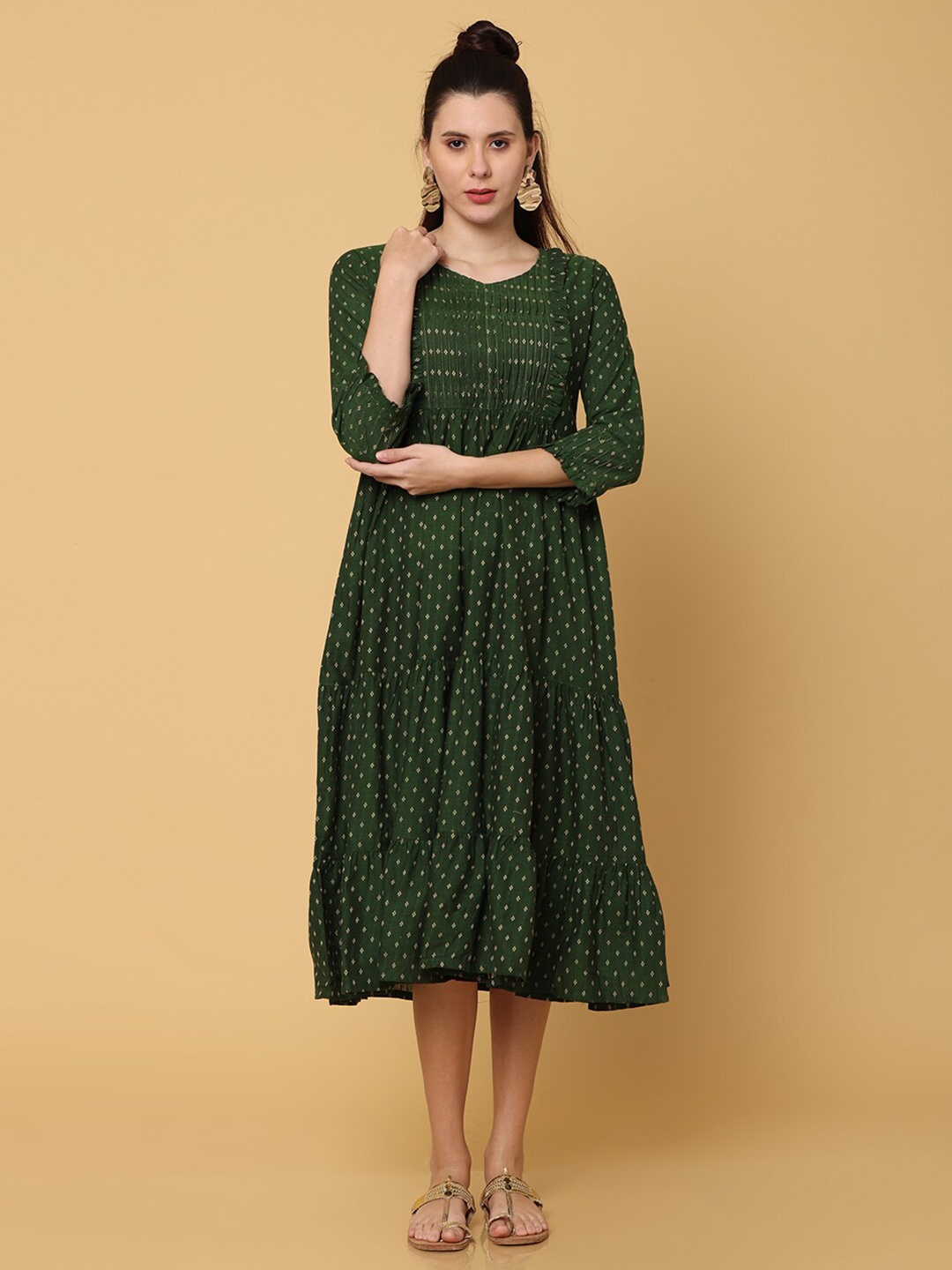 

NAYRA Green Printed Cotton A-Line Midi Dress