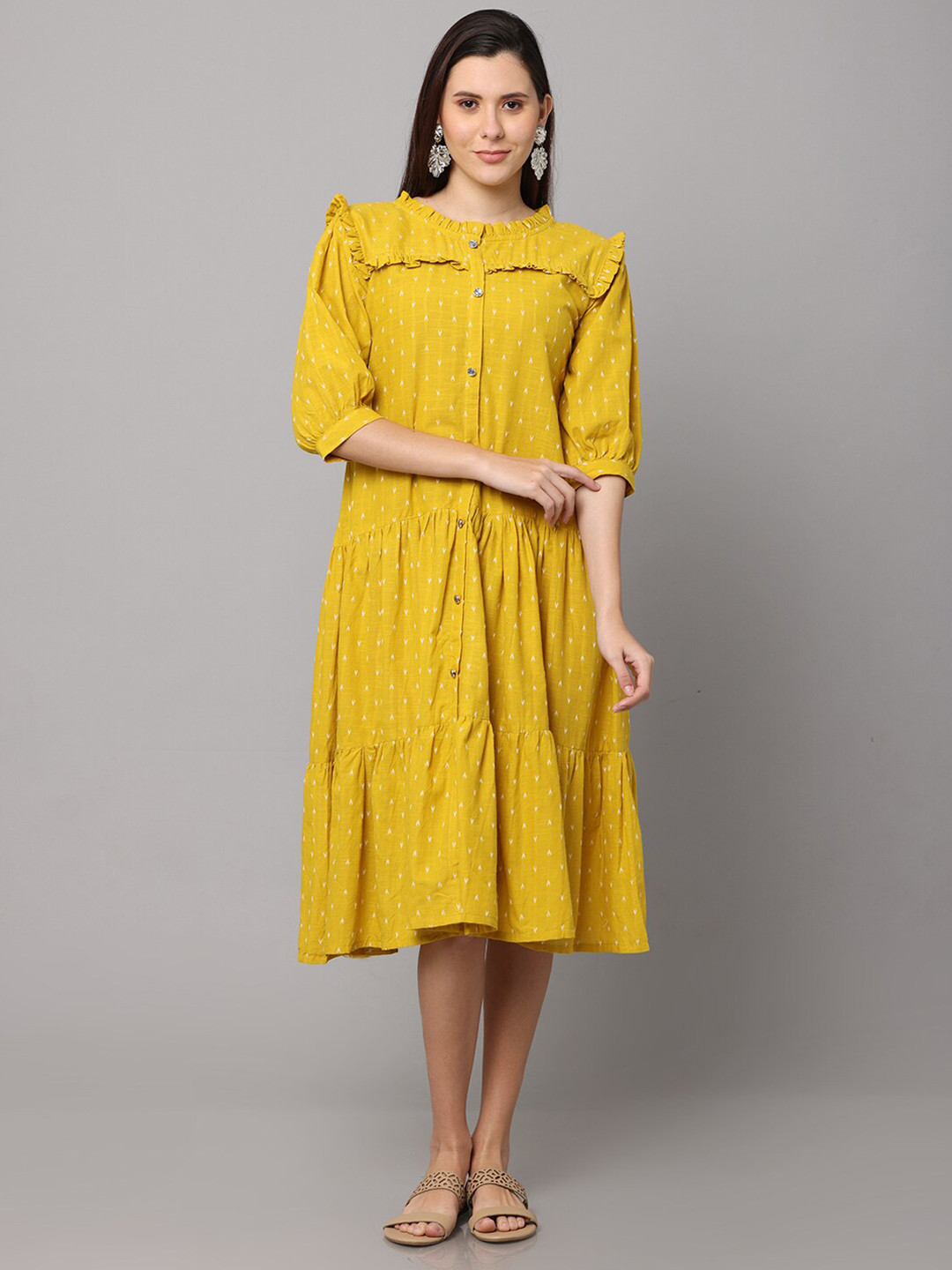 

NAYRA Yellow Printed Cotton A-Line Midi Dress