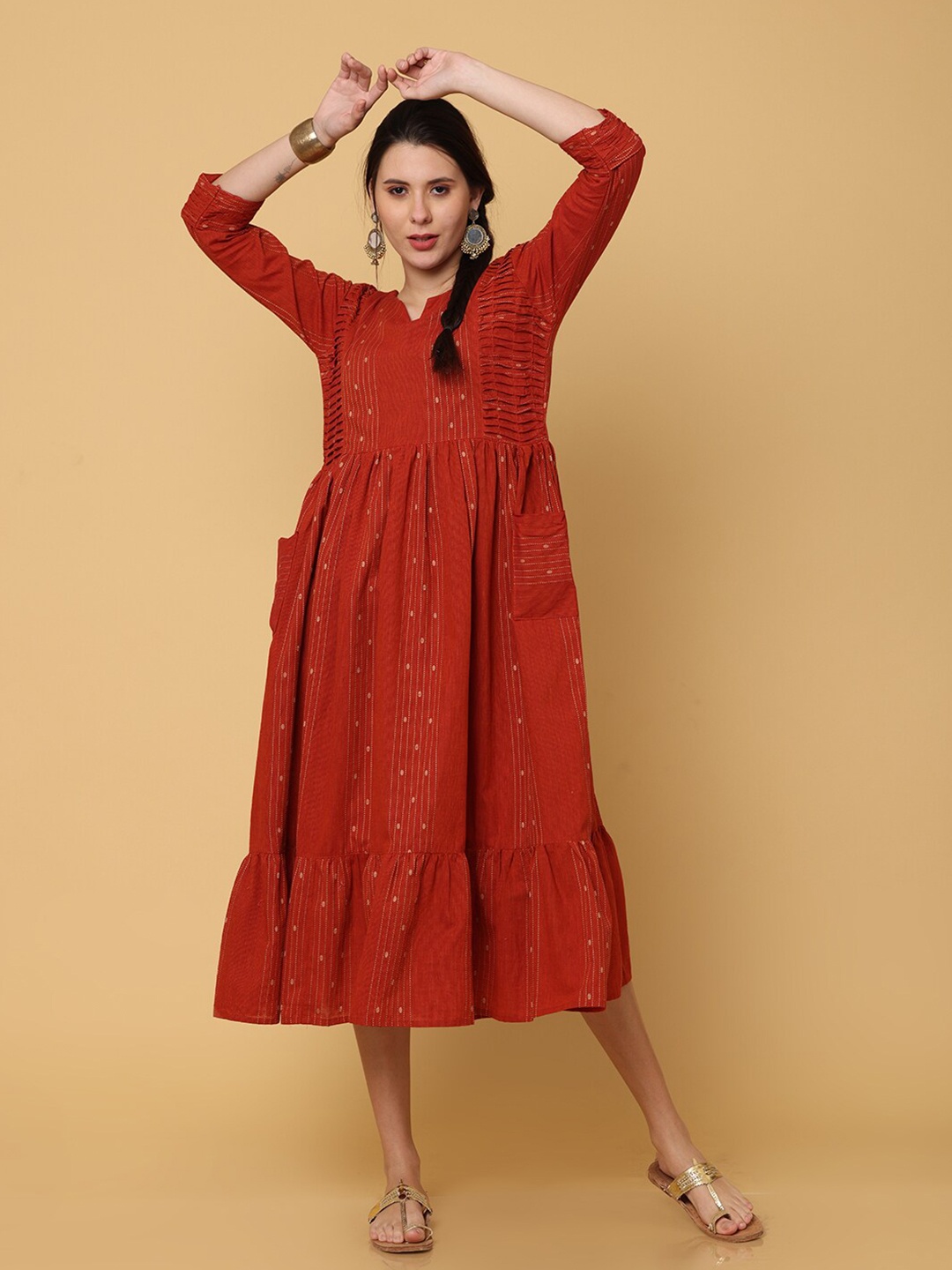 

NAYRA Orange Striped Cotton A-Line Midi Dress