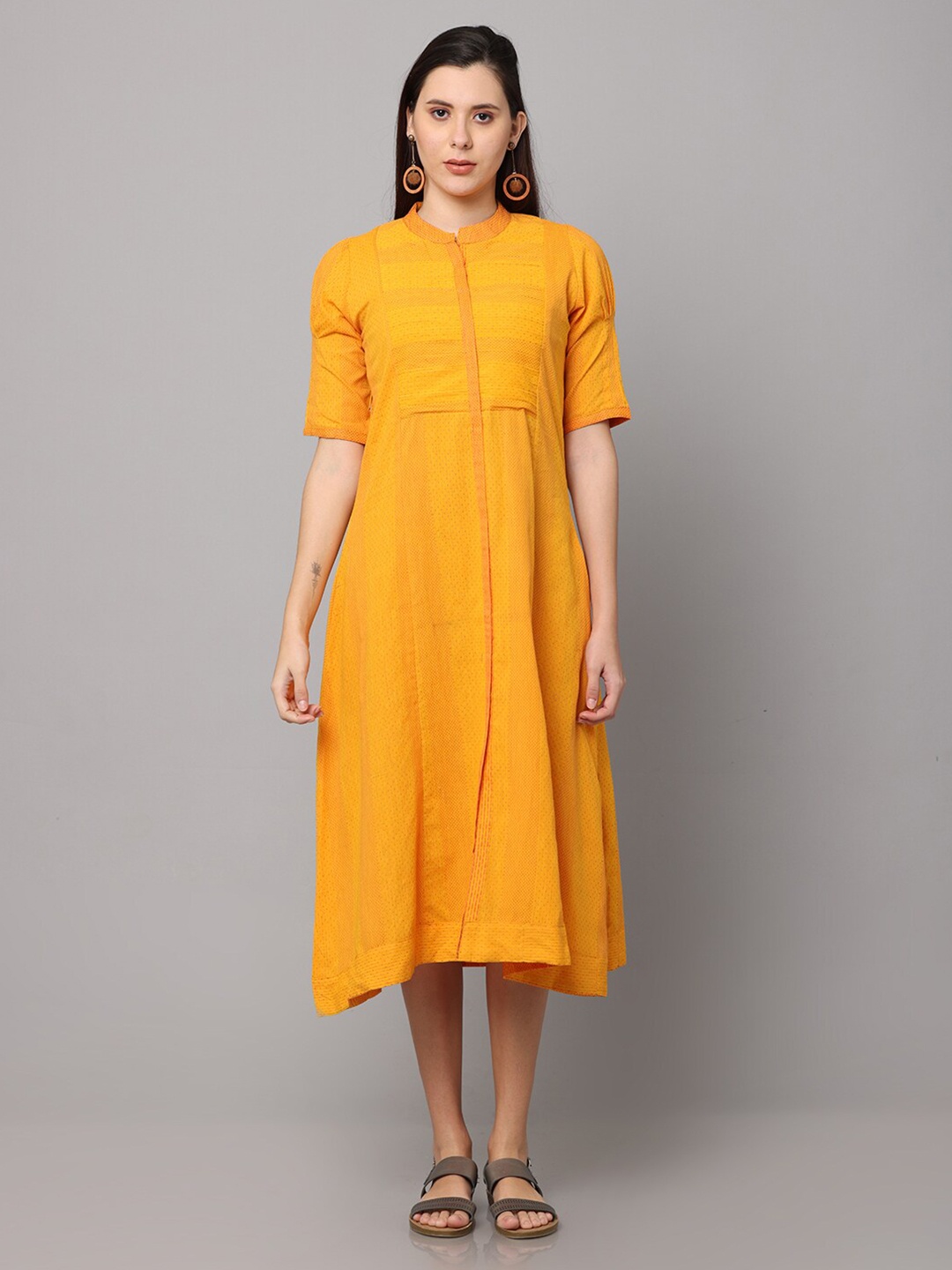 

NAYRA Yellow Cotton A-Line Midi Dress