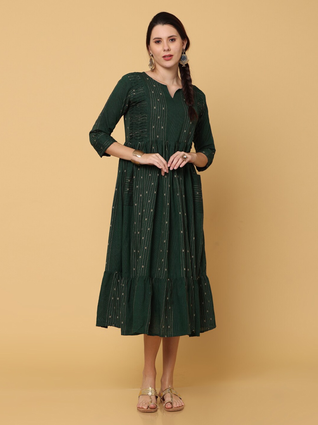 

NAYRA Green Floral Cotton A-Line Midi Dress