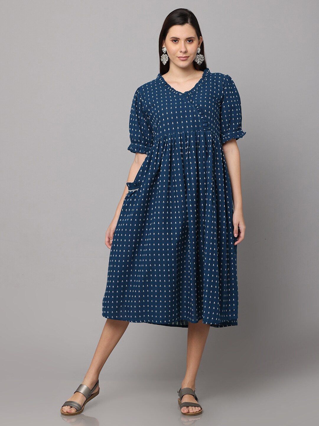 

NAYRA Navy Blue Cotton Empire Midi Dress