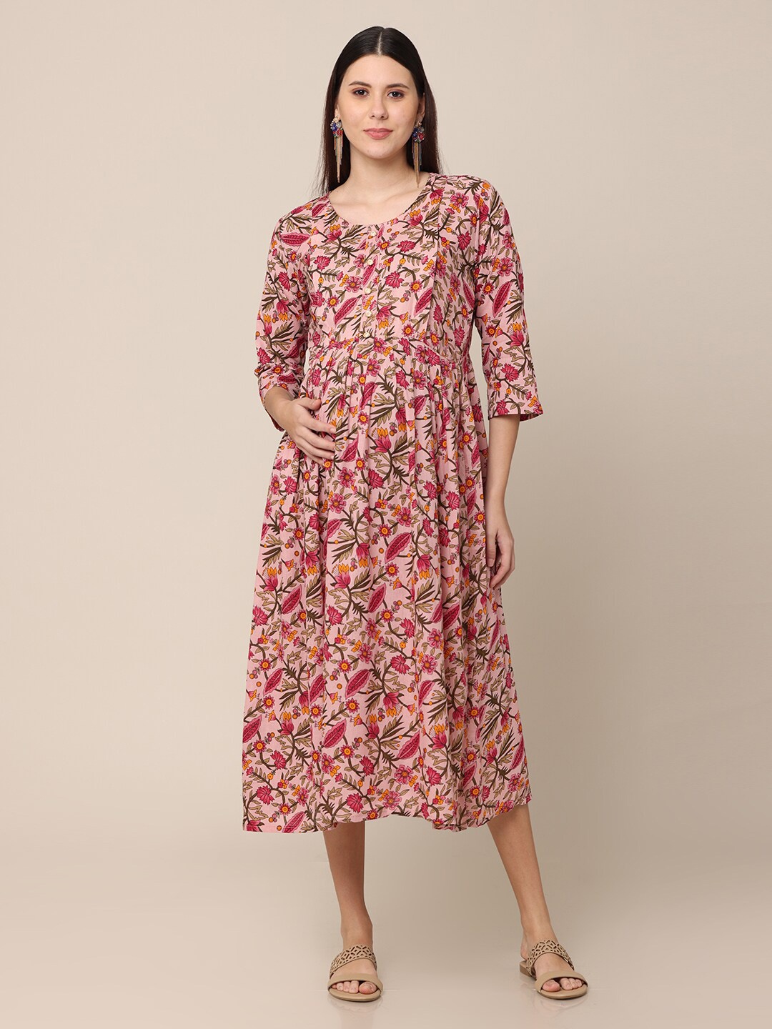 

NAYRA Pink Floral Cotton Maternity A-Line Midi Dress