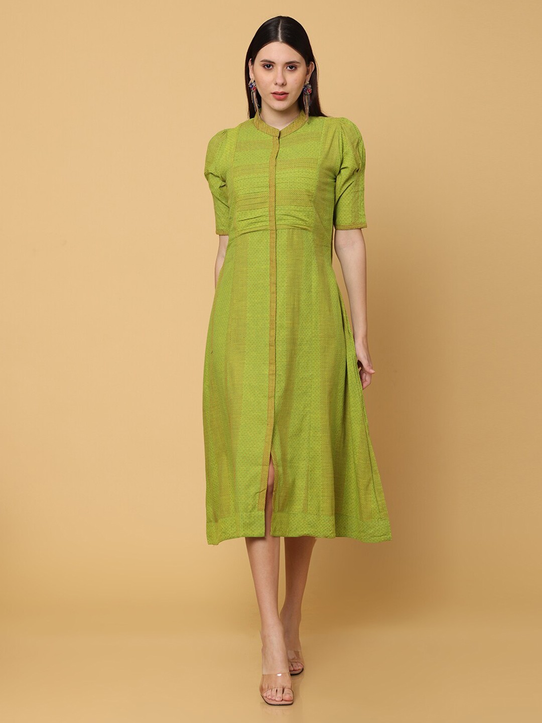 

NAYRA Green Cotton A-Line Midi Dress