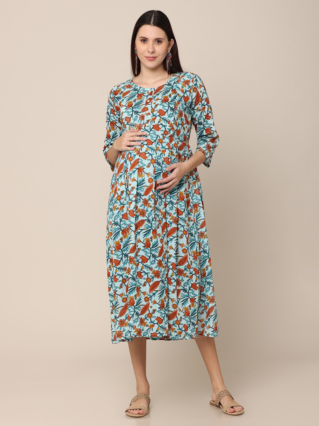 

NAYRA Blue & Orange Maternity Cotton A-Line Midi Dress