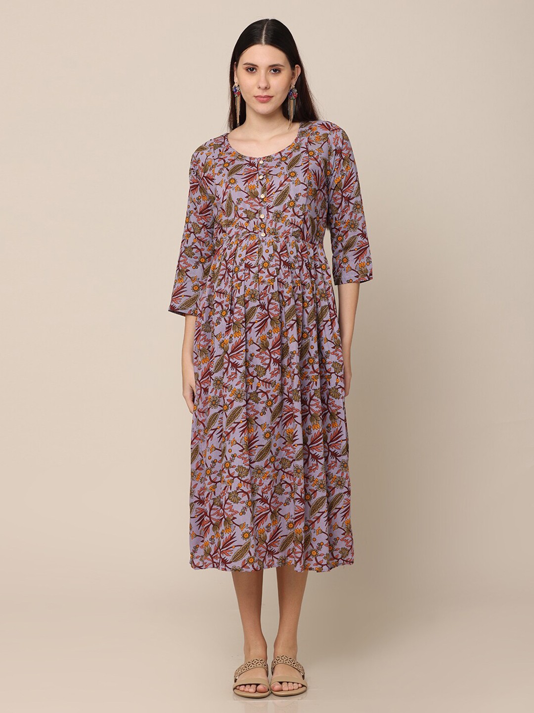 

NAYRA Purple & Green Cotton Floral Maternity Midi Dress