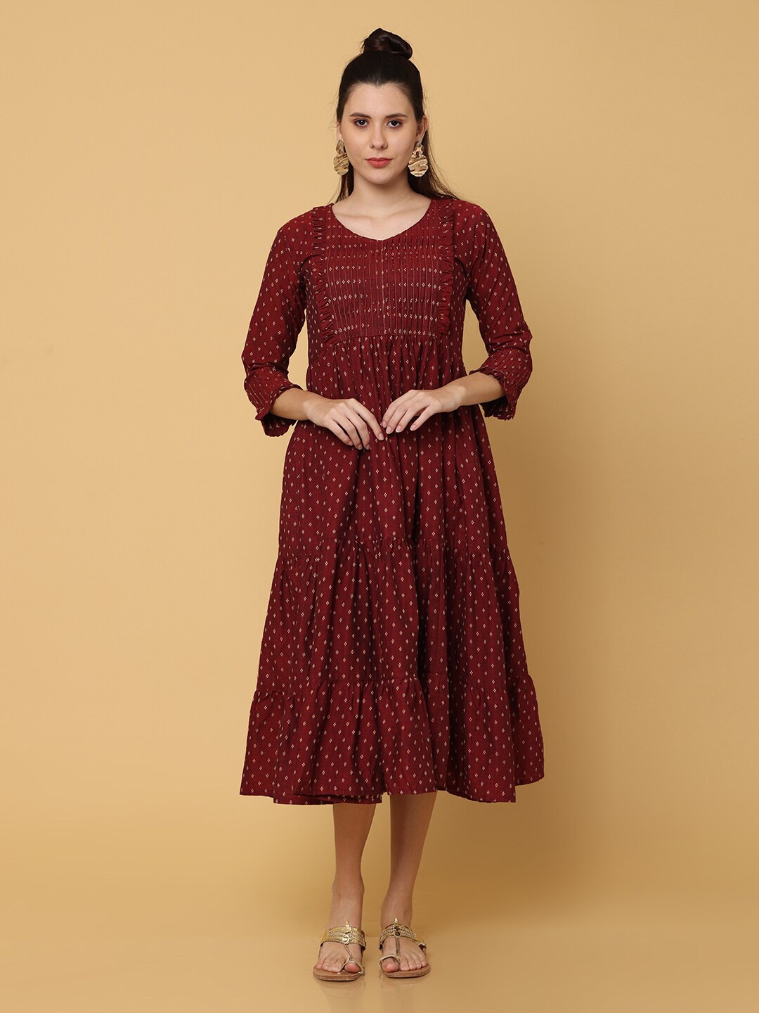 

NAYRA Maroon & Gold-Toned Ethnic Midi Dress