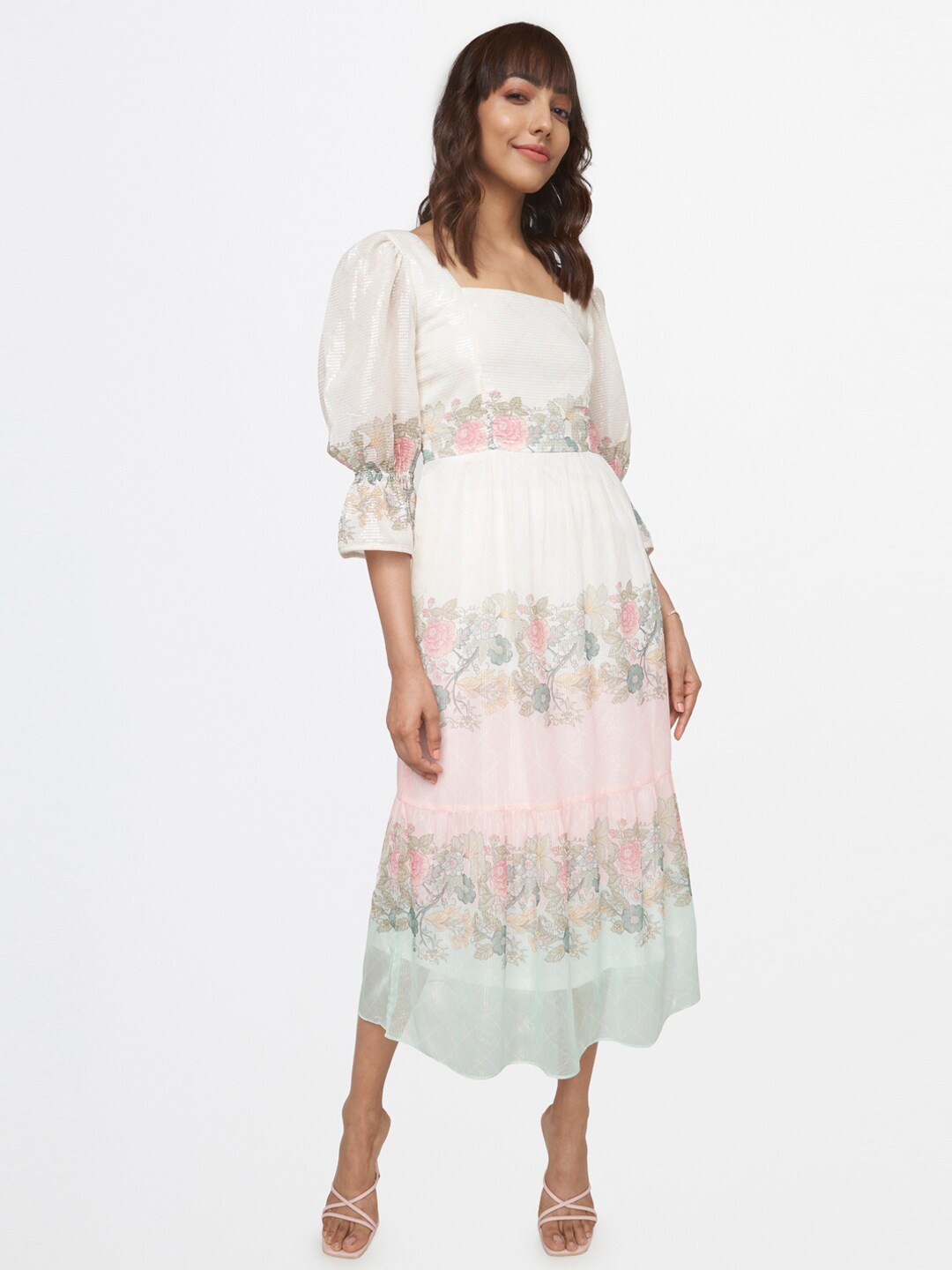

AND Cream-Coloured & Pink Midi Dress