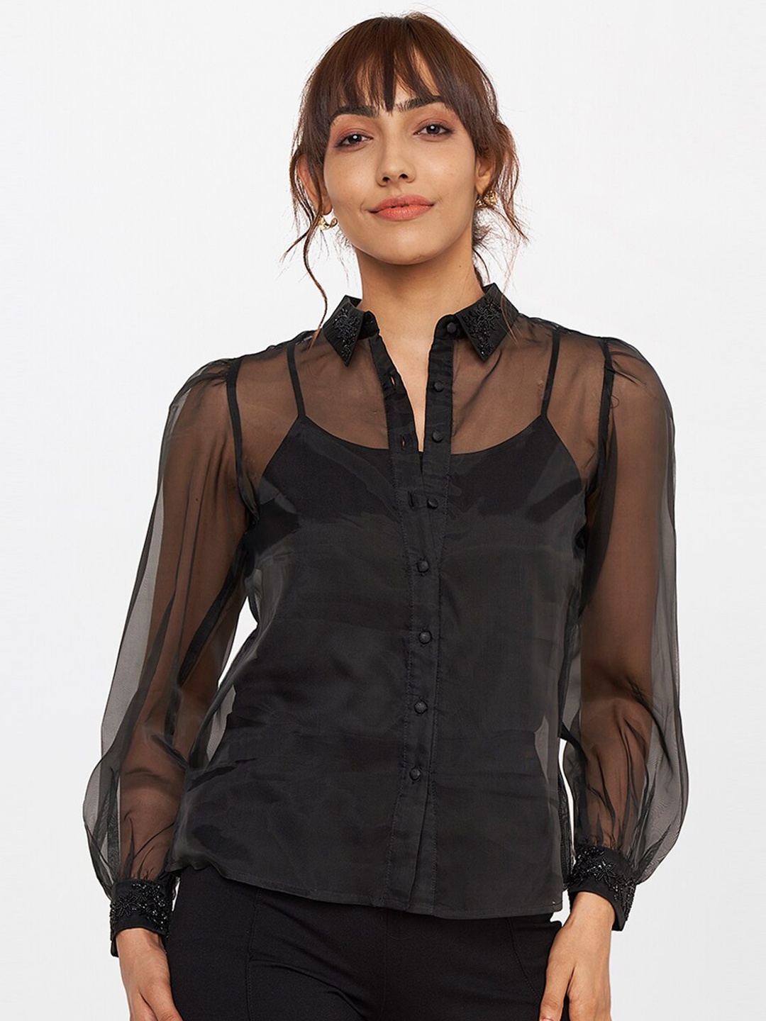 

AND Women Black Slim Fit Sheer Long Sleeve Polyester Casual Shirt