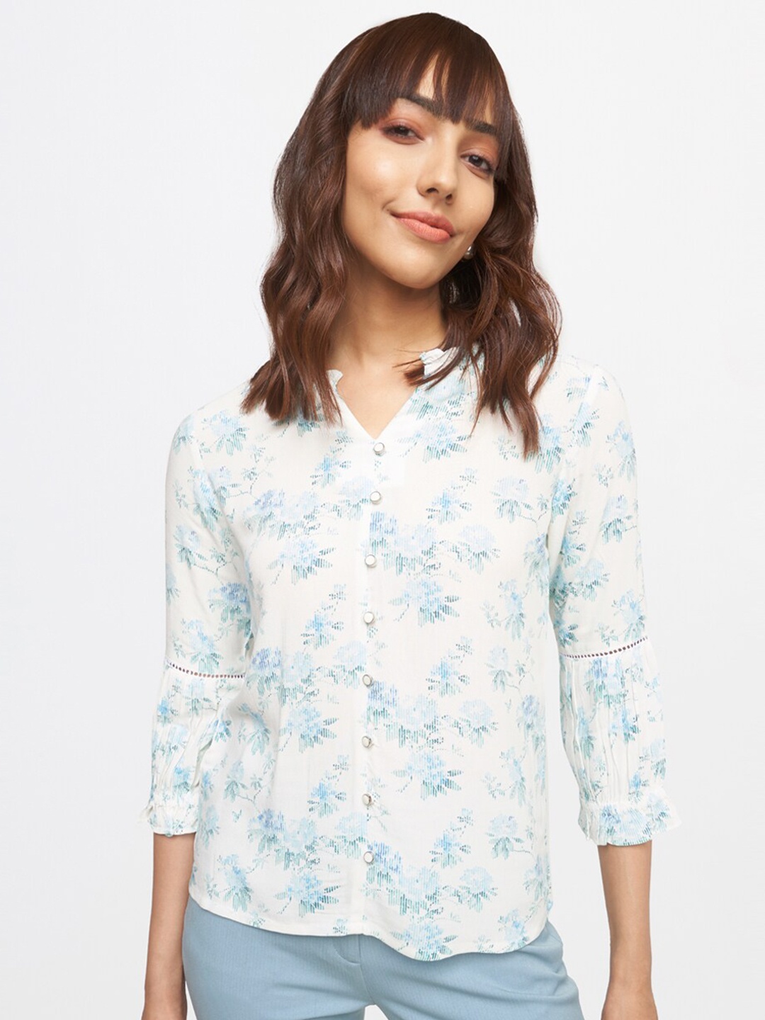 

AND White & Blue Floral Print Mandarin Collar Shirt Style Top