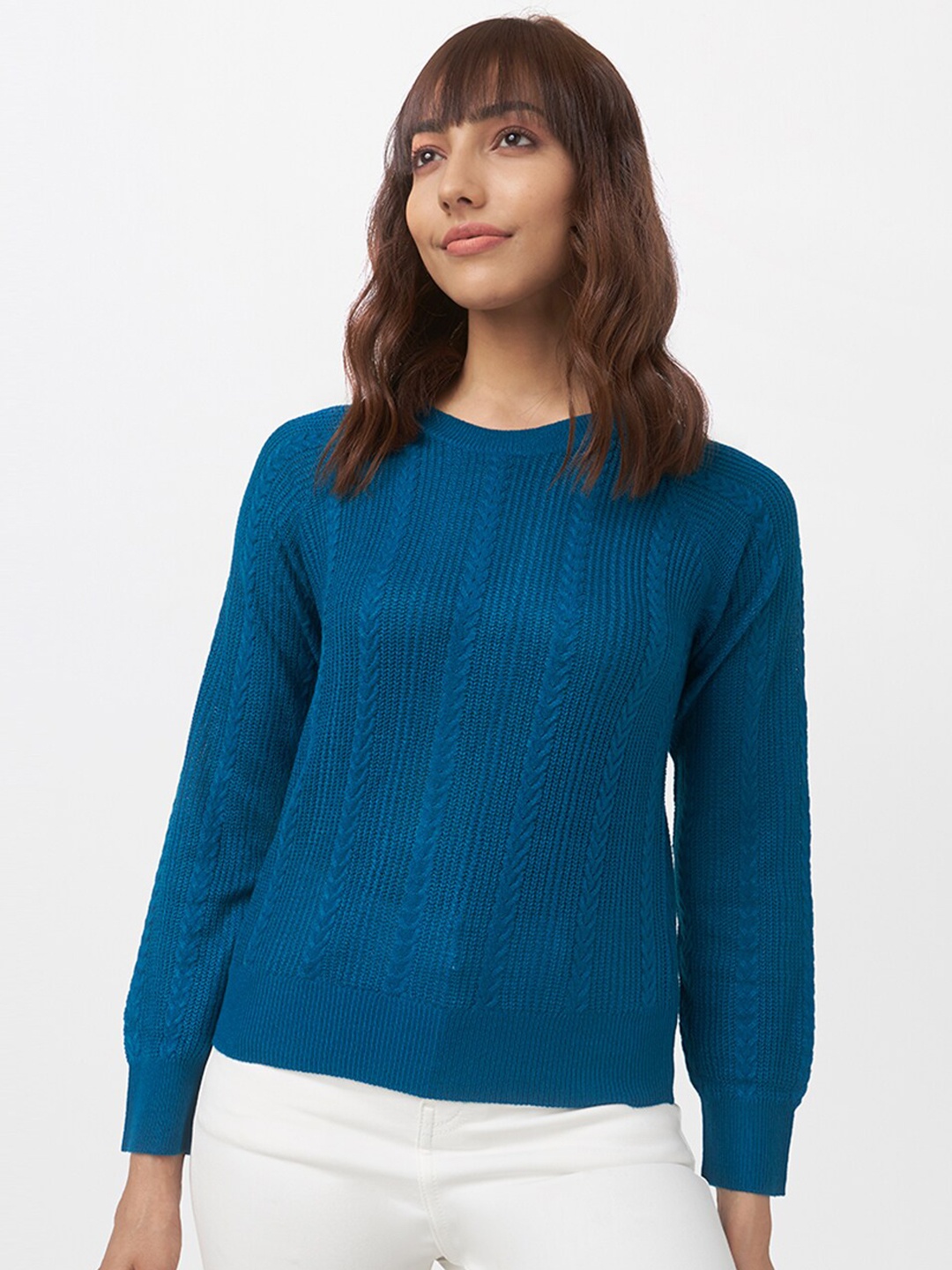 

AND Women Teal Blue Cable Knit Pullover