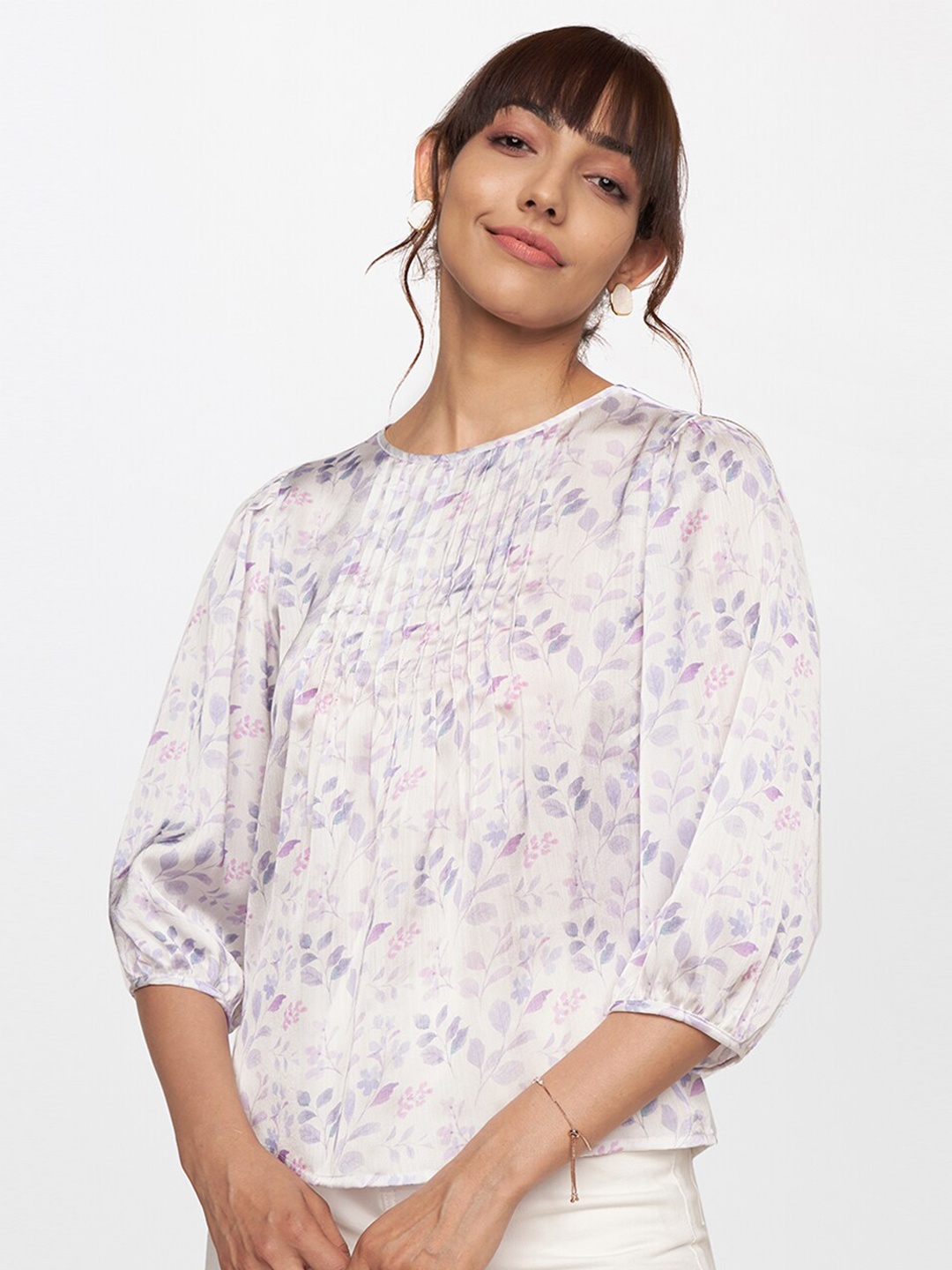 

AND White & Violet Floral Printed Top