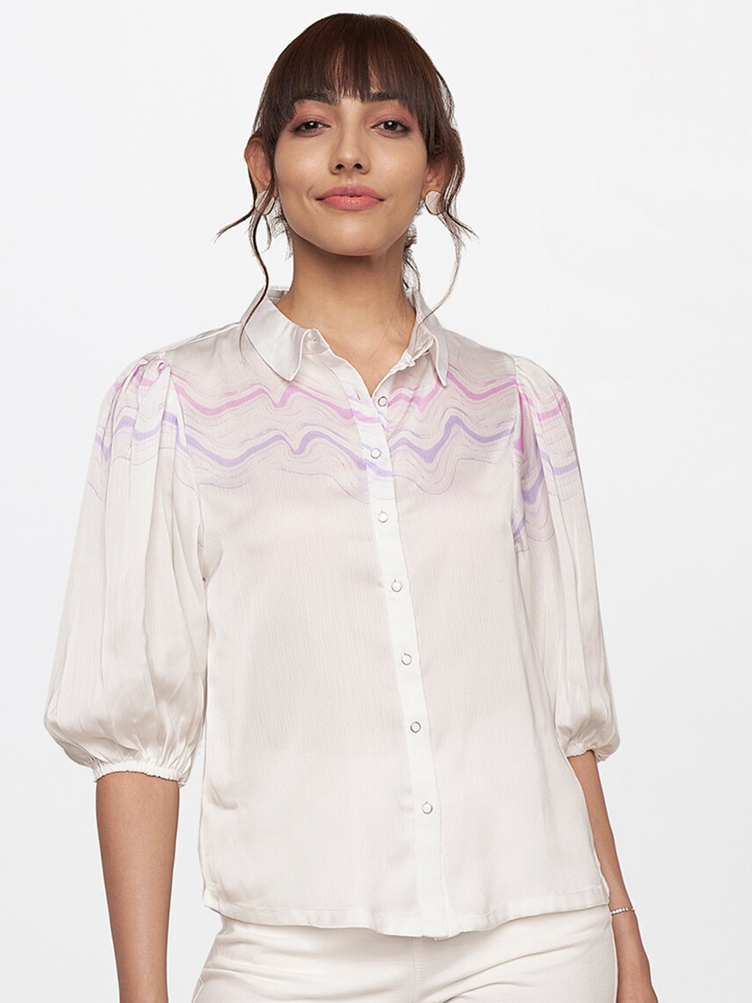 

AND White & Pink Solid Shirt Style Top