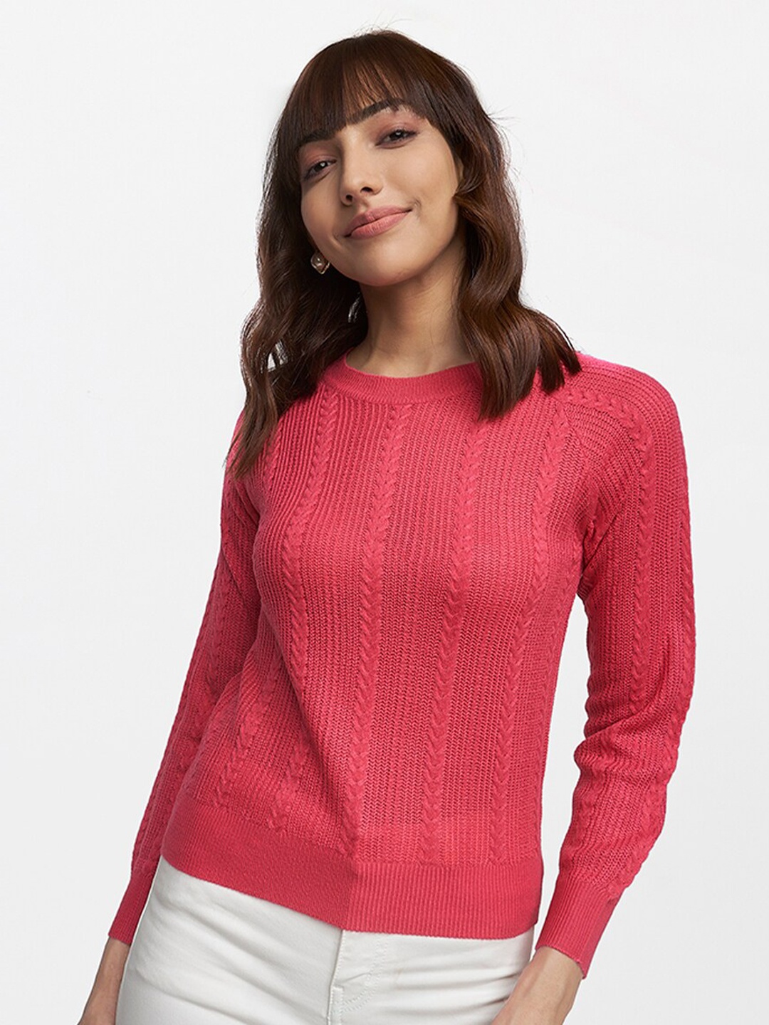

AND Women Pink Self Design Acrylic Sweatshirt