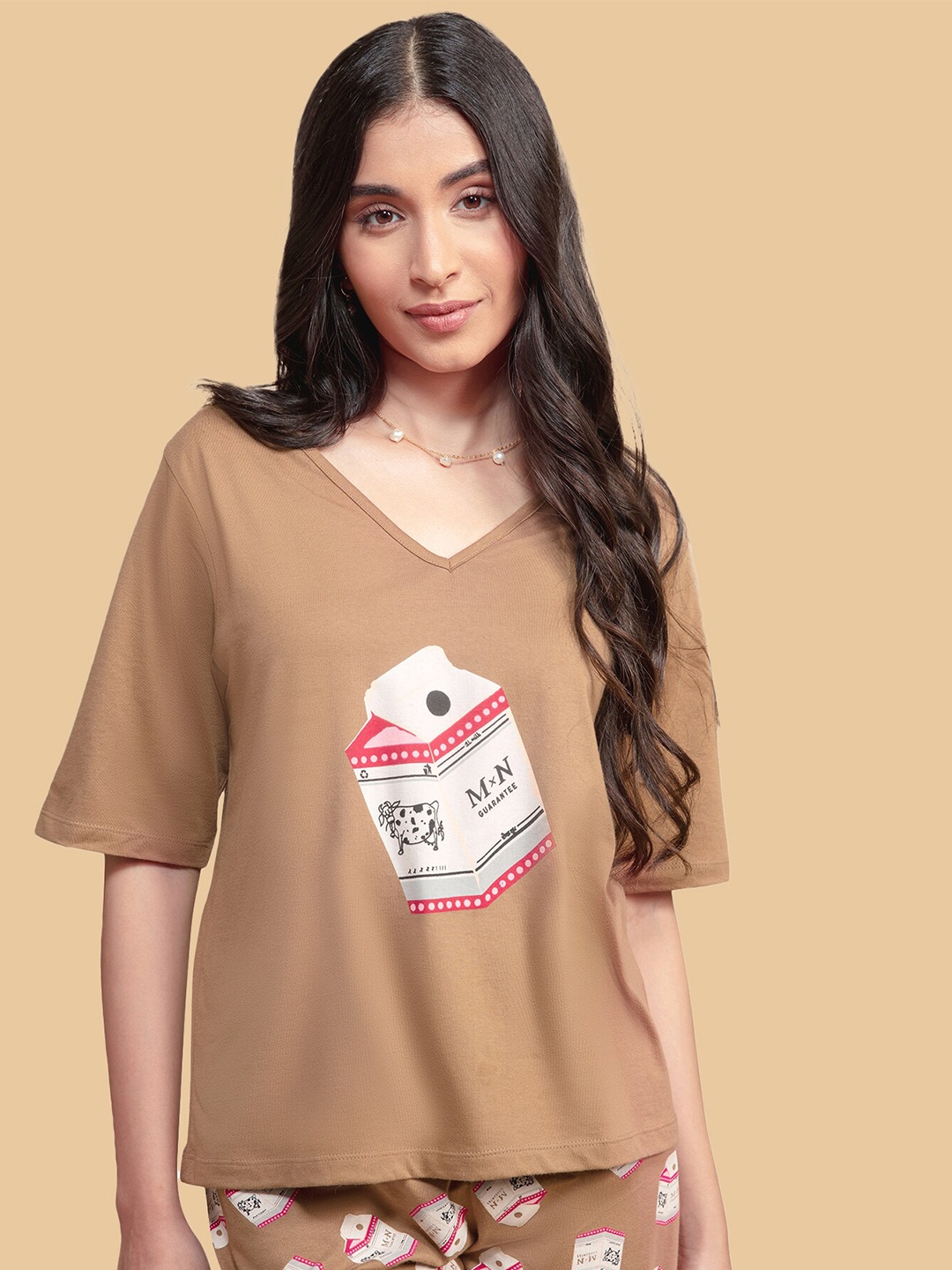 

Nykd Women Brown Printed V-Neck T-shirt