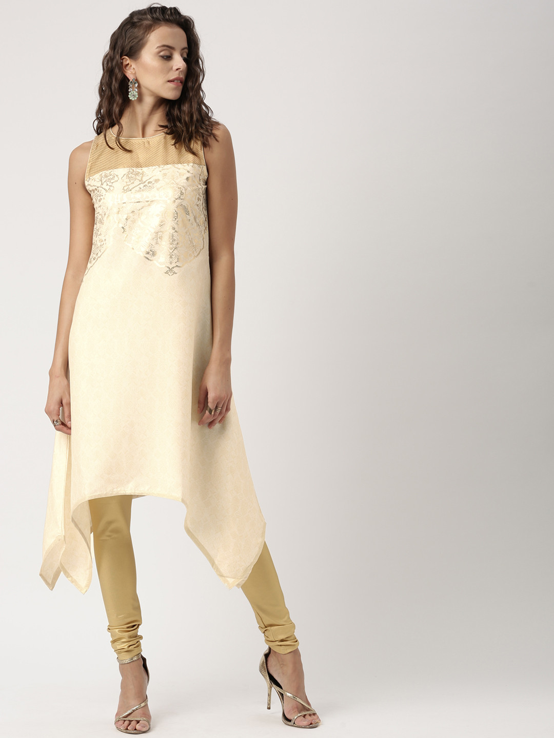 

IMARA Women Off-White & Beige Printed Asymmetrical Hem A-Line Kurta