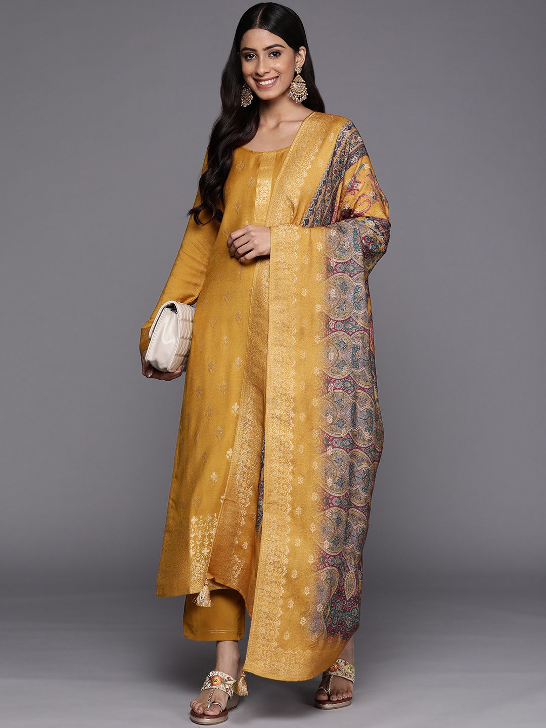 

Libas Women Mustard Yellow Floral Pashmina Wool Kurta with Trousers & With Dupatta