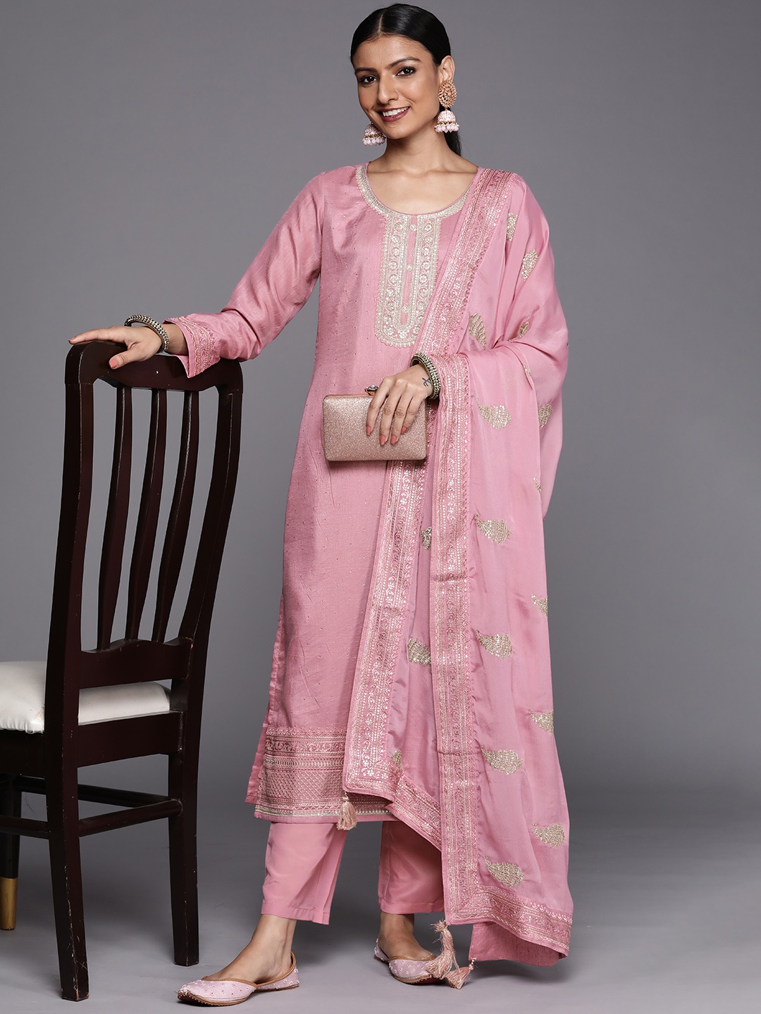 

Libas Women Pink Floral Yoke Design Kurta with Trousers & With Dupatta
