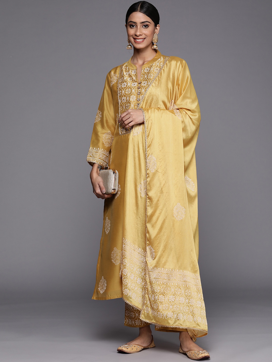 

Libas Women Mustard Yellow Floral Yoke Design Gotta Patti Chanderi Silk Kurta with Trousers & With Dupatta