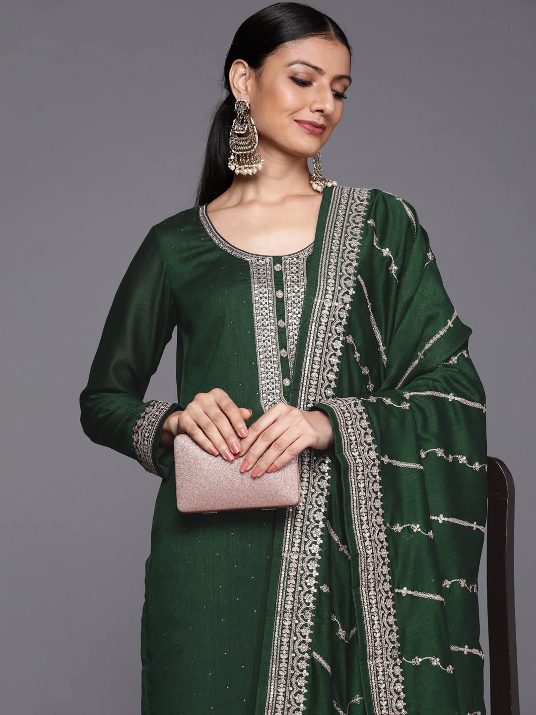 

Libas Women Green Ethnic Motifs Yoke Design Sequinned Kurta with Trousers & With Dupatta
