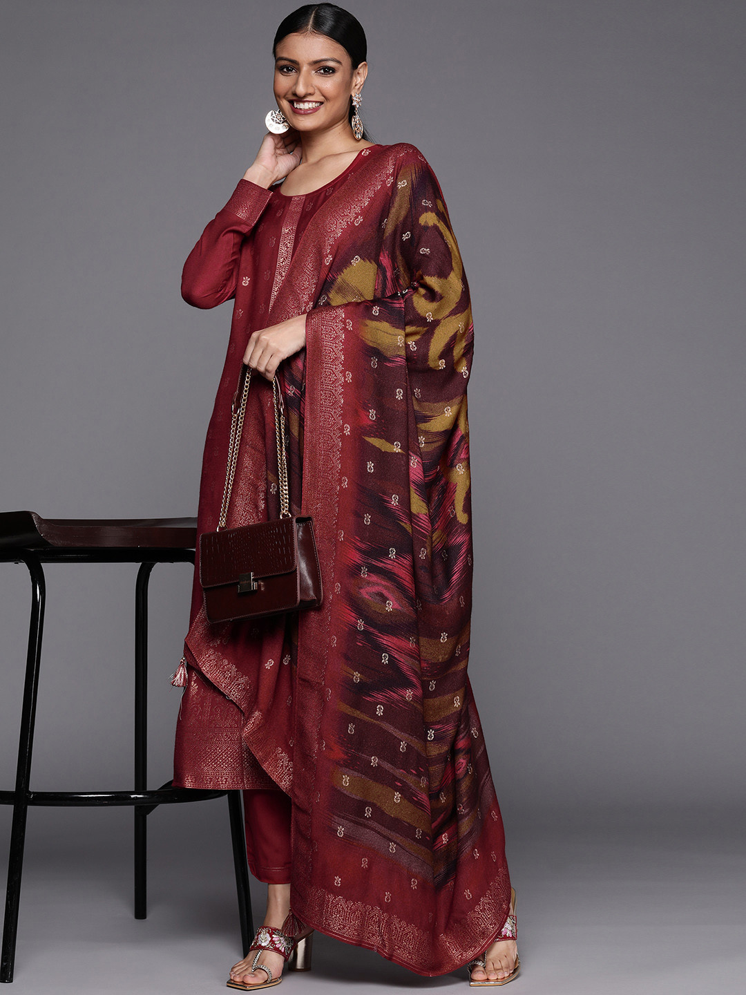 

Libas Women Rust Ethnic Motifs Pashmina Wool Kurta with Trousers & With Dupatta