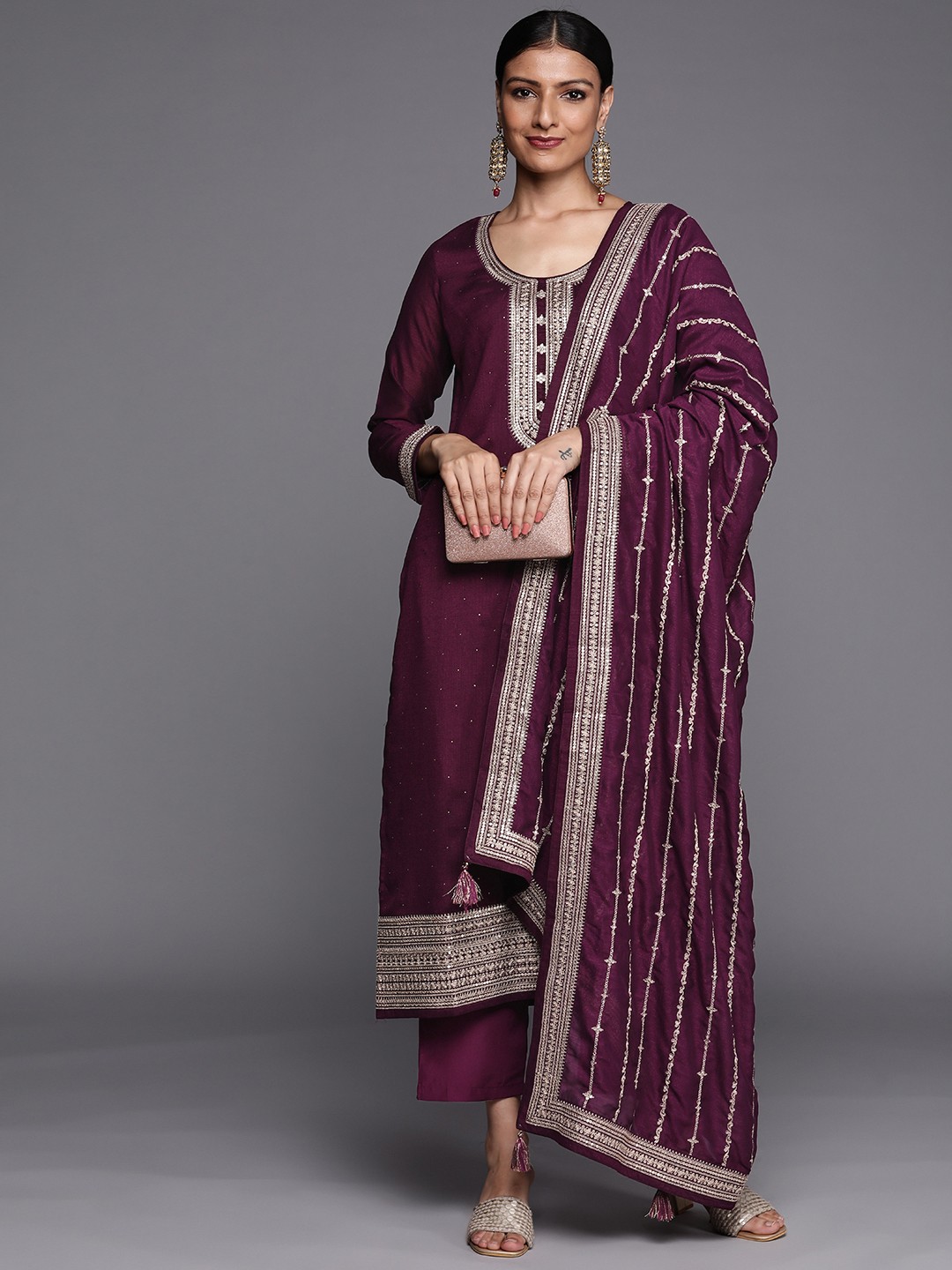 

Libas Women Purple Ethnic Motifs Yoke Design Kurta with Trousers & With Dupatta